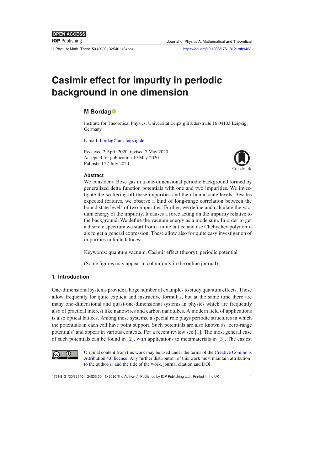 Casimir Effect for Impurity in Periodic Background in One Dimension