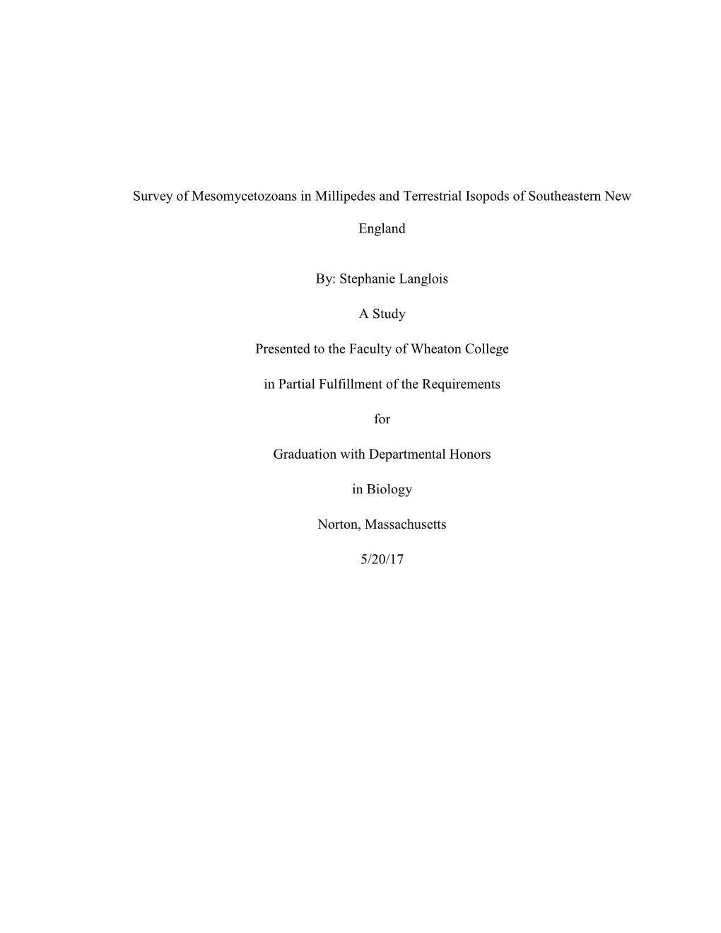 Survey of Mesomycetozoans in Millipedes and Terrestrial Isopods of Southeastern New