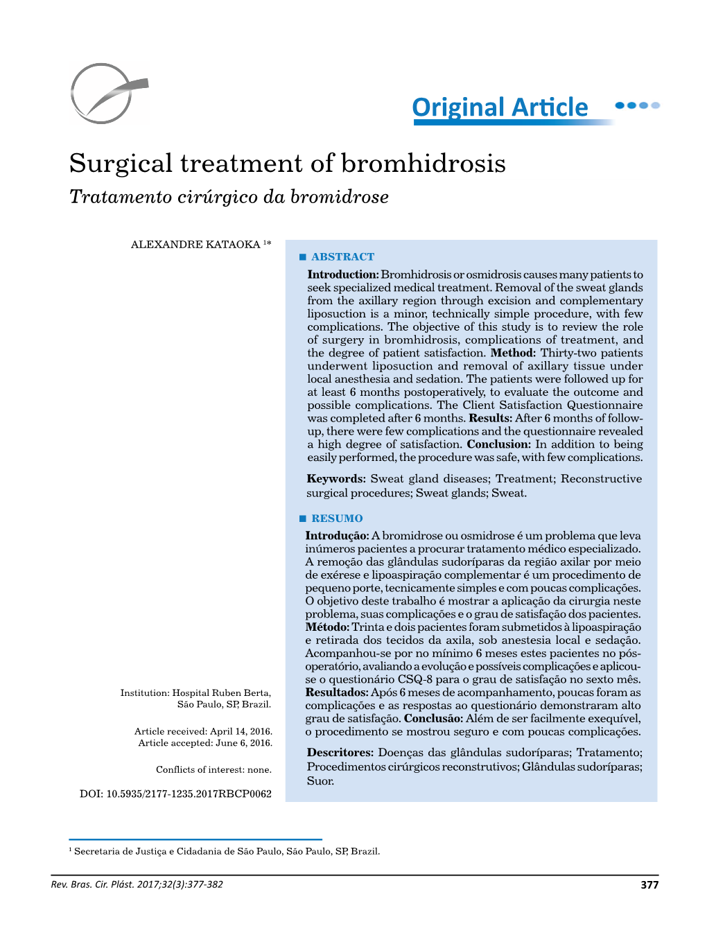 Original Article Surgical Treatment of Bromhidrosis Tratamento Cirúrgico Da Bromidrose