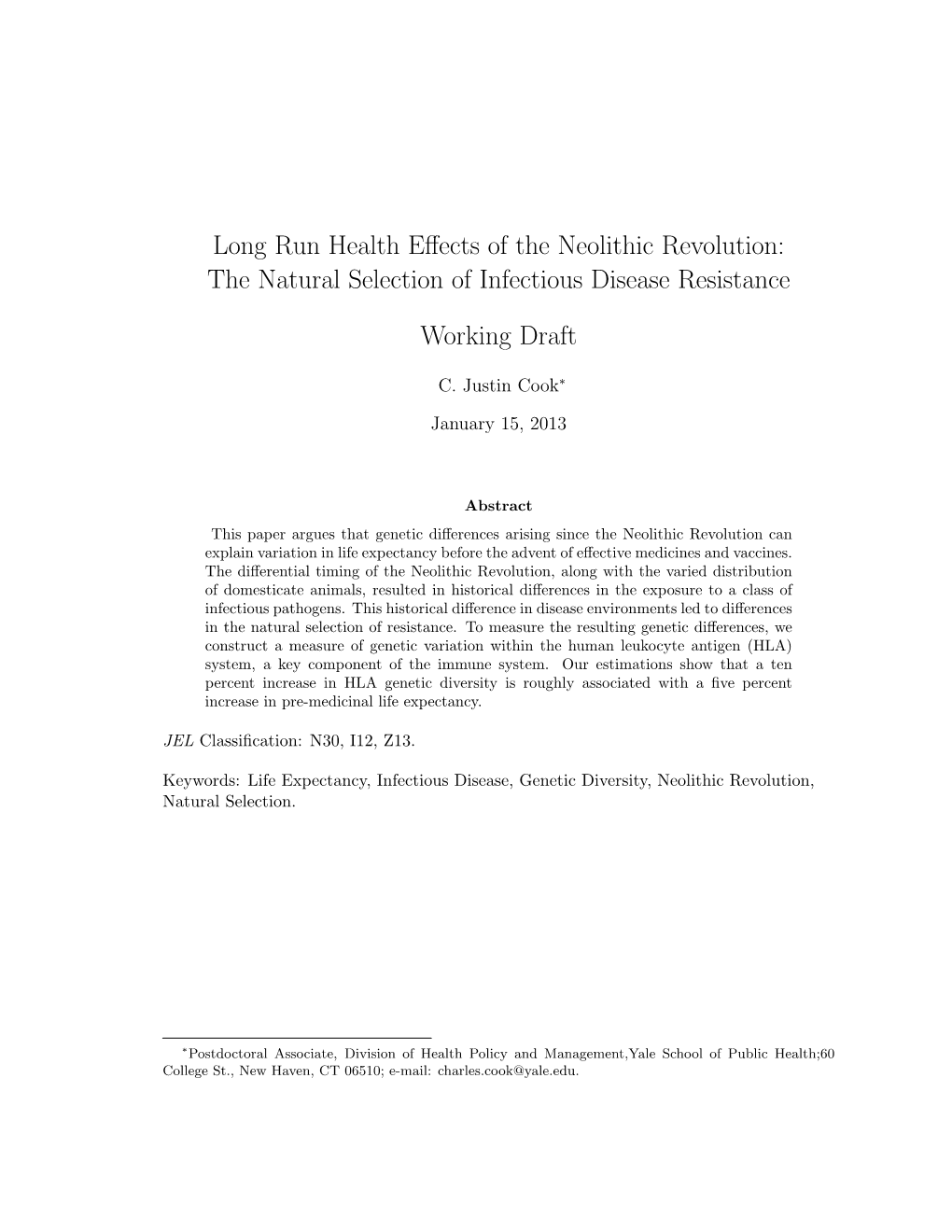 The Natural Selection of Infectious Disease Resistance Working Draft