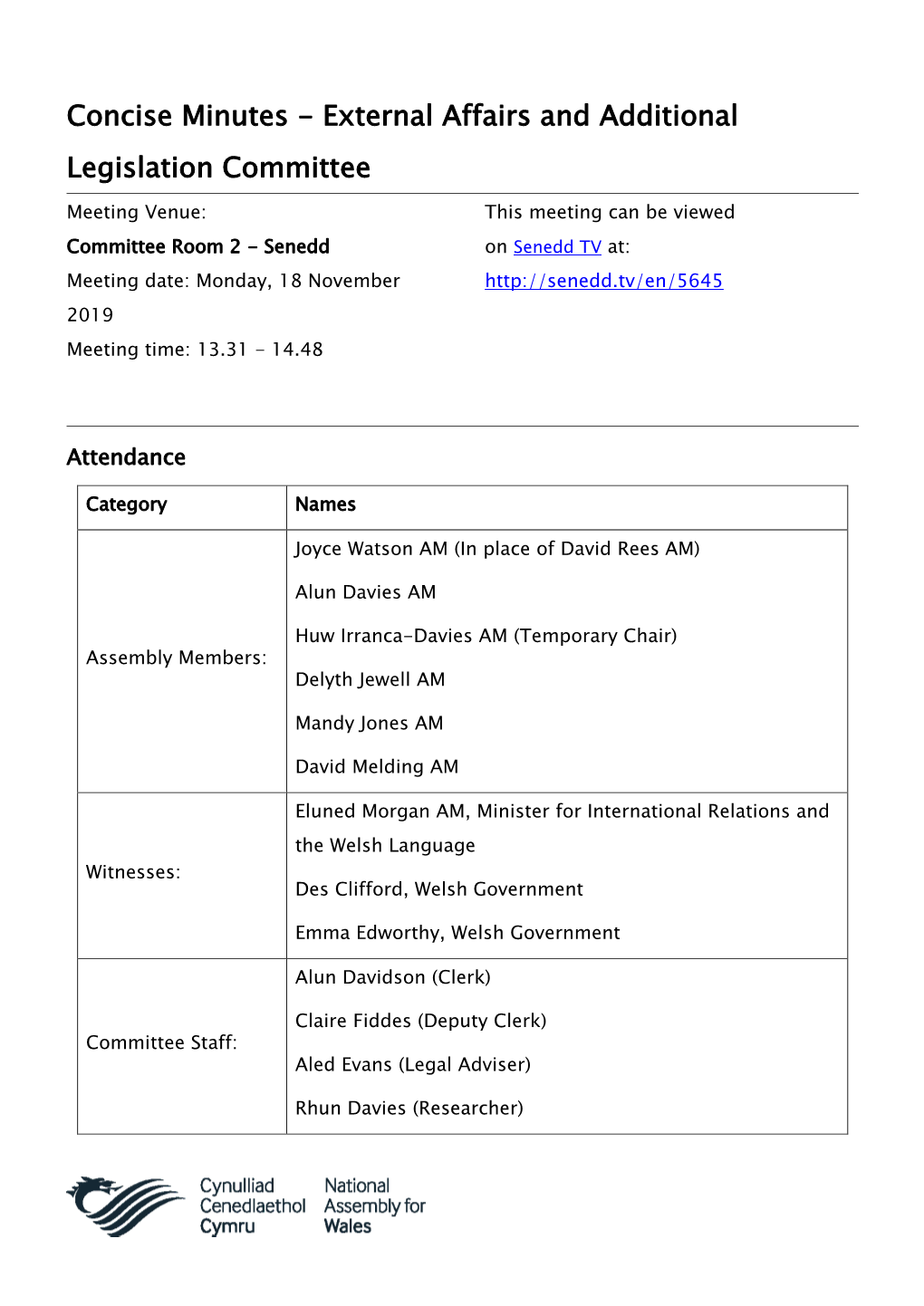 Concise Minutes - External Affairs and Additional Legislation Committee