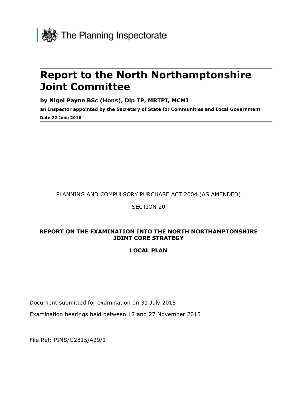 Report to the North Northamptonshire Joint Committee