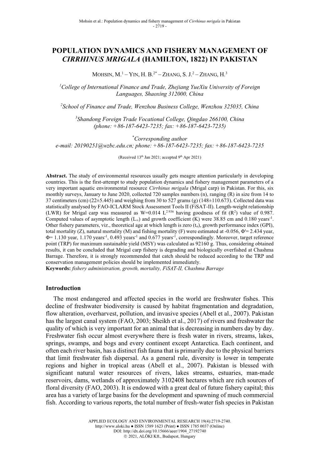 Population Dynamics and Fishery Management of Cirrhinus Mrigala in Pakistan - 2719