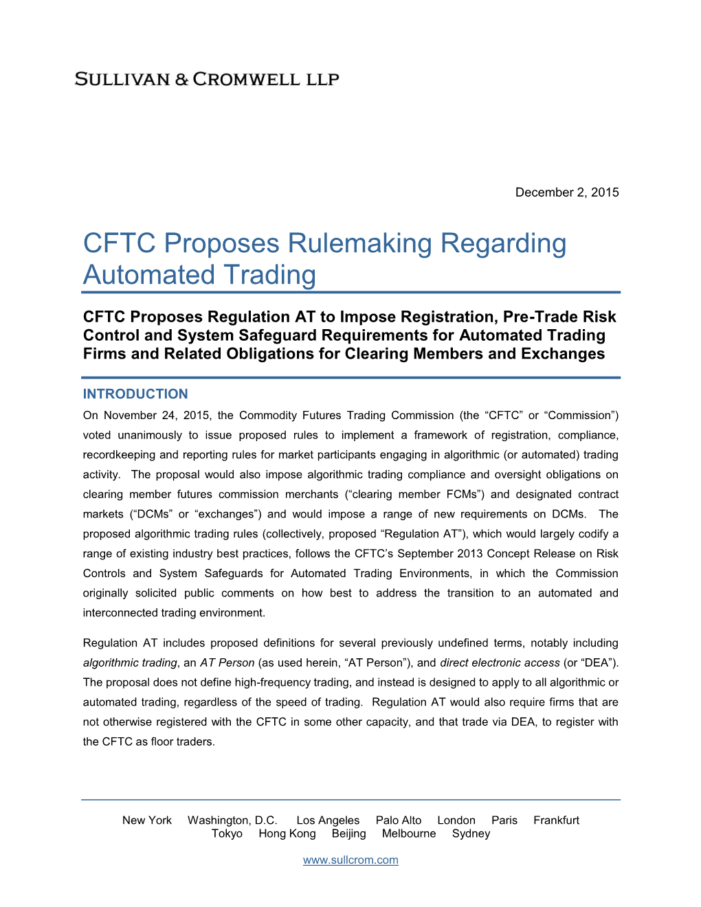 CFTC Proposes Rulemaking Regarding Automated Trading