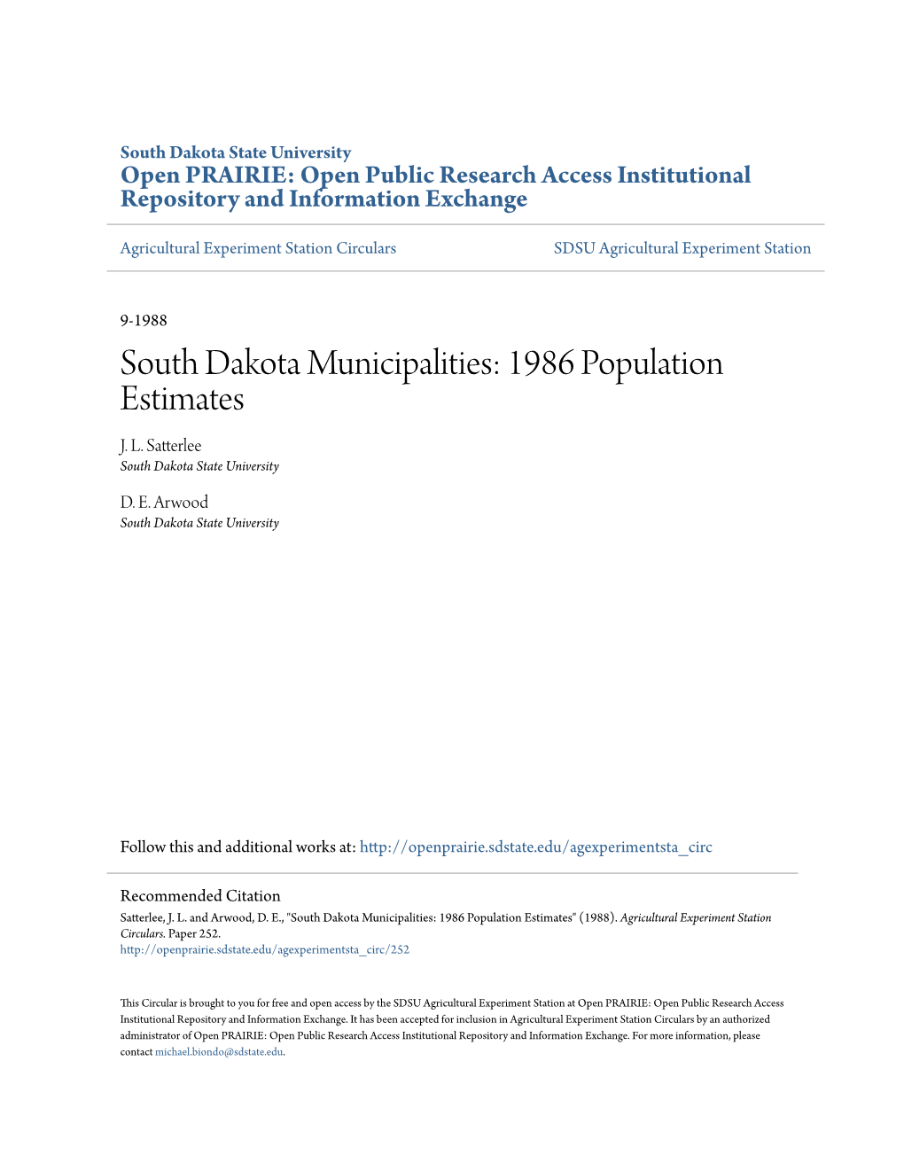 South Dakota Municipalities: 1986 Population Estimates J