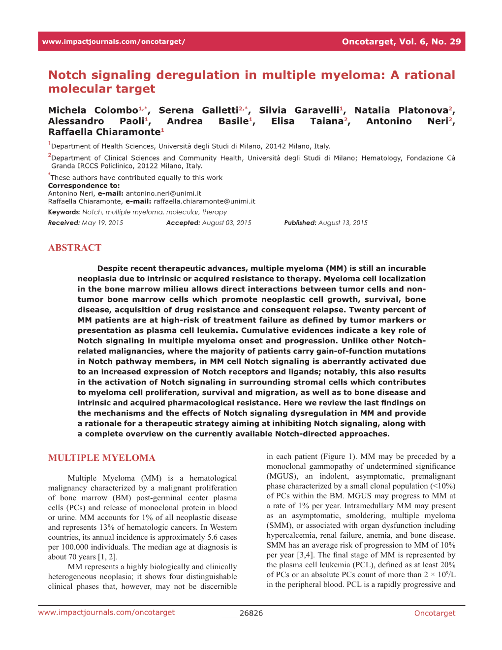 Notch Signaling Deregulation in Multiple Myeloma: a Rational Molecular Target