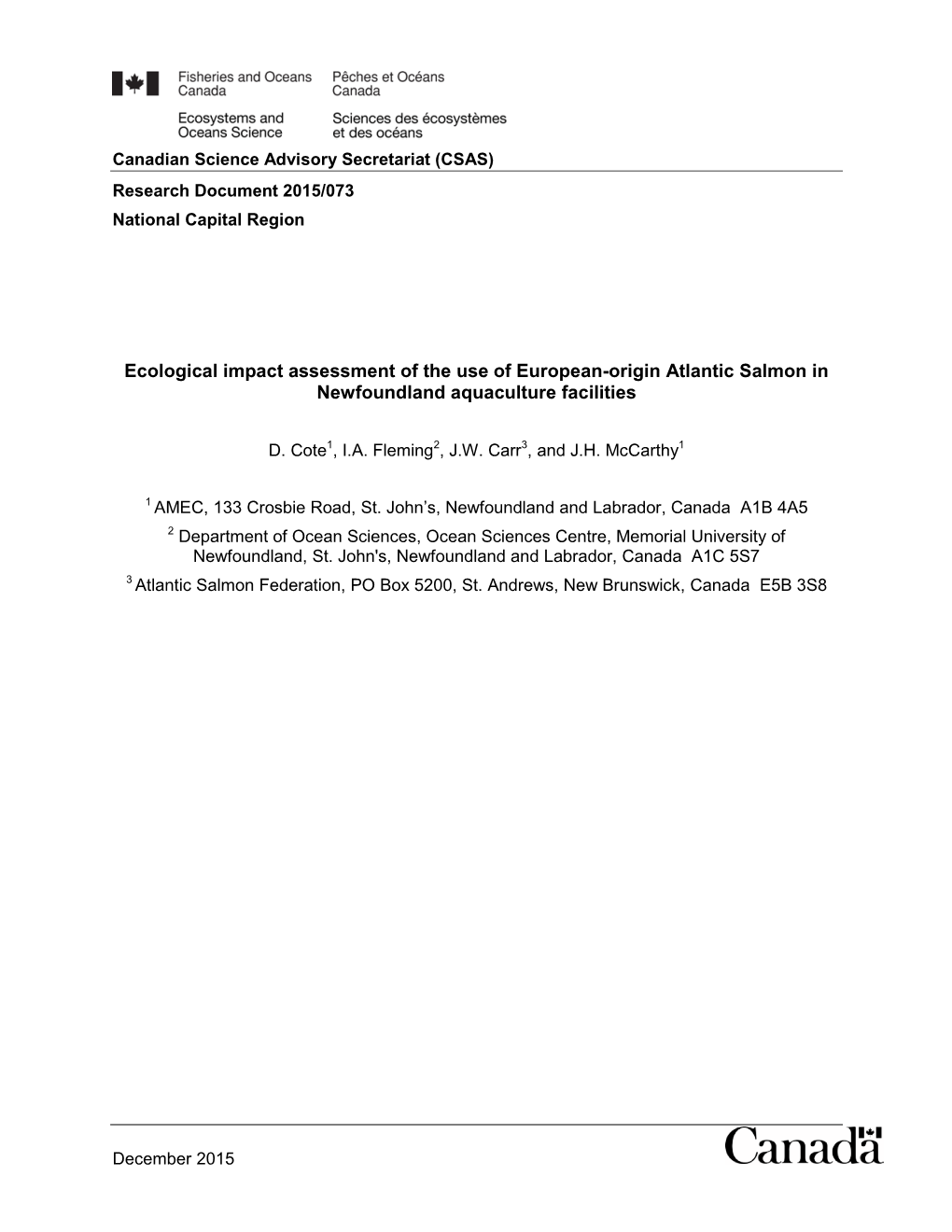 Ecological Impact Assessment of the Use of European-Origin Atlantic Salmon in Newfoundland Aquaculture Facilities