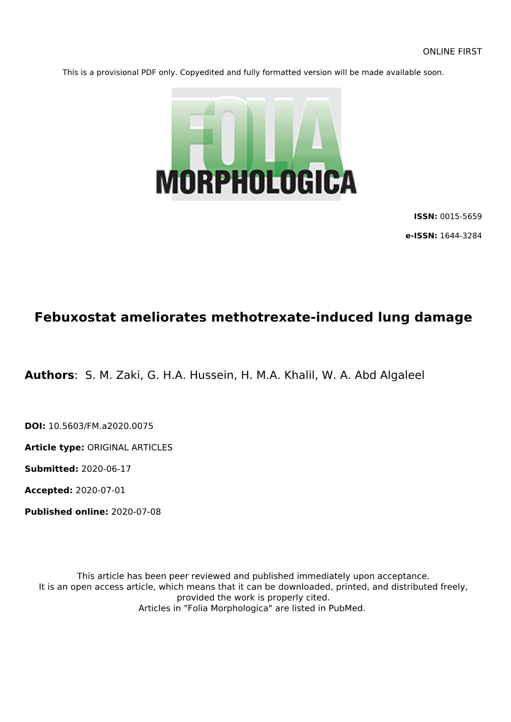 Febuxostat Ameliorates Methotrexate-Induced Lung Damage