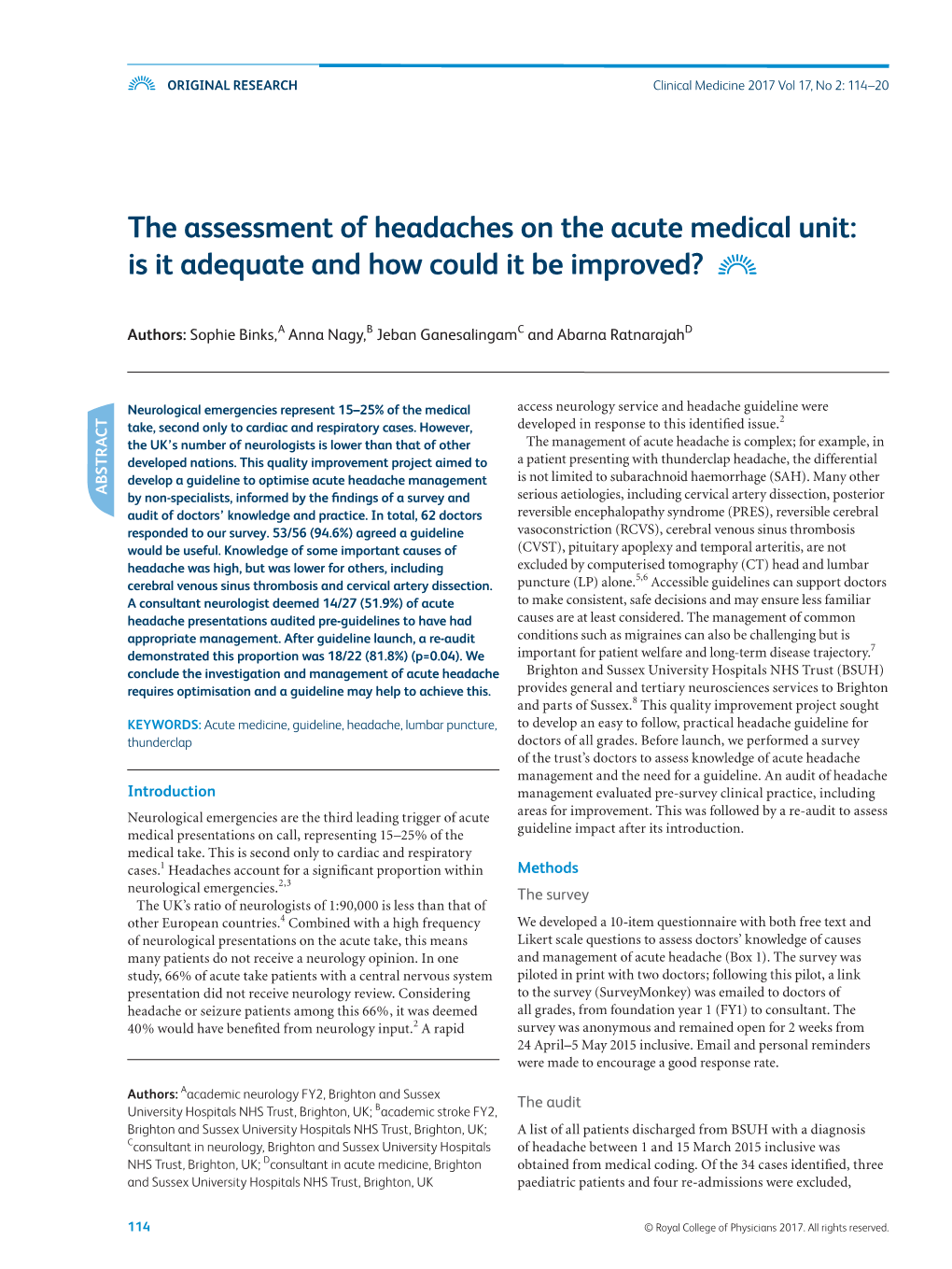 The Assessment of Headaches on the Acute Medical Unit: Is It Adequate and How Could It Be Improved?