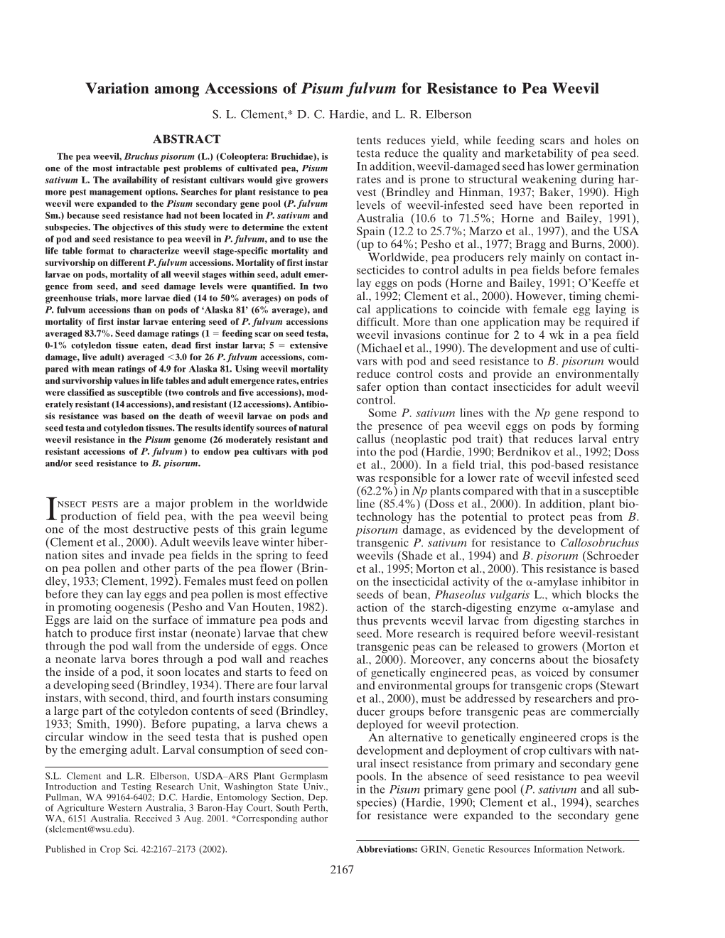 Variation Among Accessions of Pisum Fulvum for Resistance to Pea Weevil