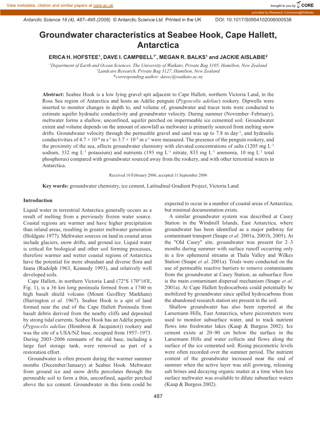 Groundwater Characteristics at Seabee Hook, Cape Hallett, Antarctica ERICA H