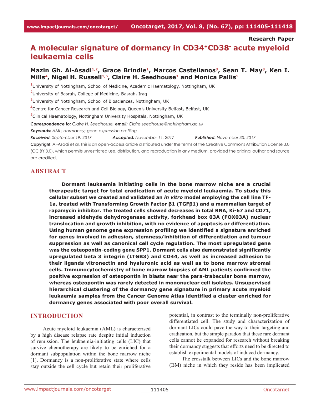 A Molecular Signature of Dormancy in CD34+CD38- Acute Myeloid Leukaemia Cells