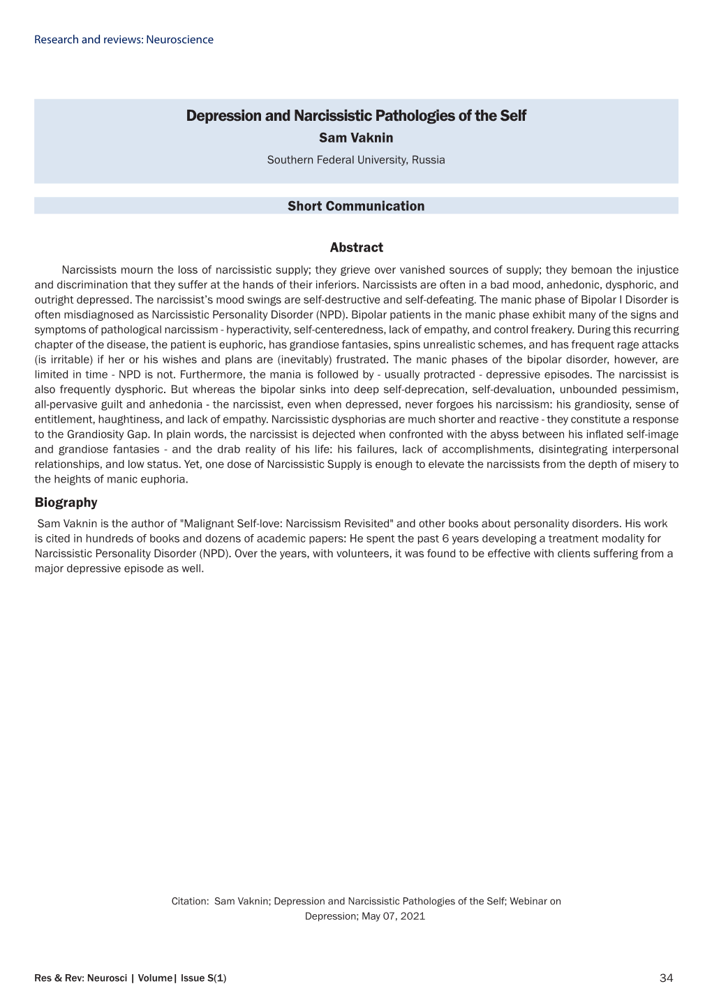 Depression and Narcissistic Pathologies of the Self Sam Vaknin Southern Federal University, Russia