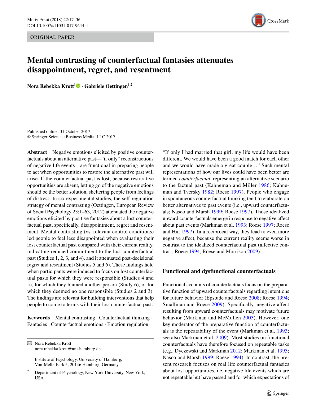 Mental Contrasting of Counterfactual Fantasies Attenuates Disappointment, Regret, and Resentment