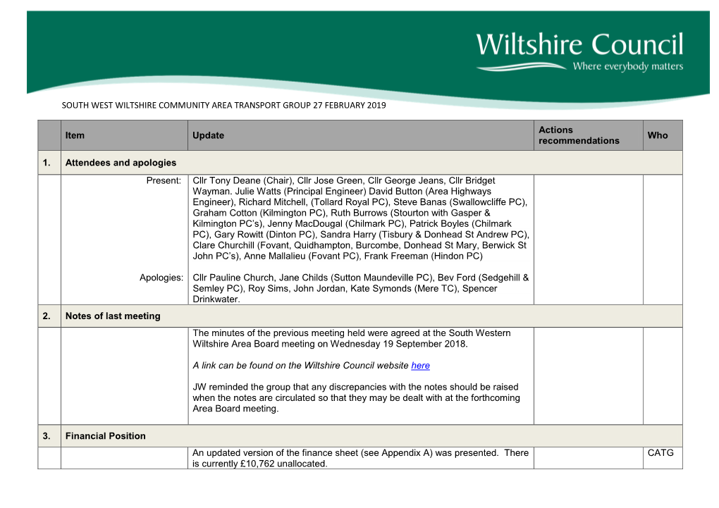 South West Wiltshire Community Area Transport Group 27 February 2019