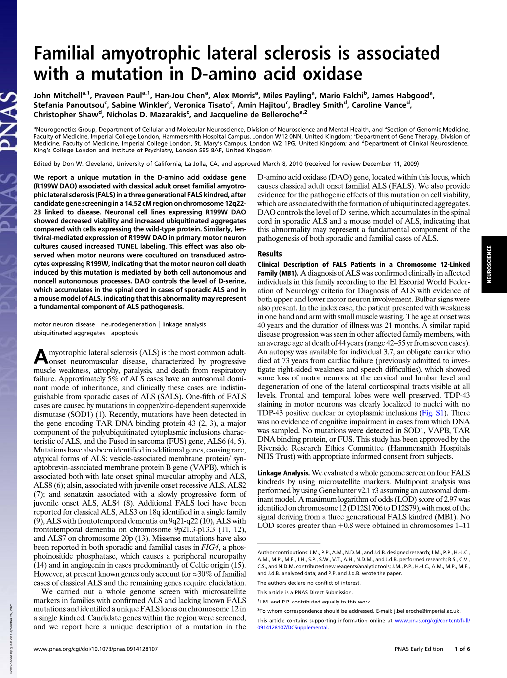 Familial Amyotrophic Lateral Sclerosis Is Associated with a Mutation in D-Amino Acid Oxidase