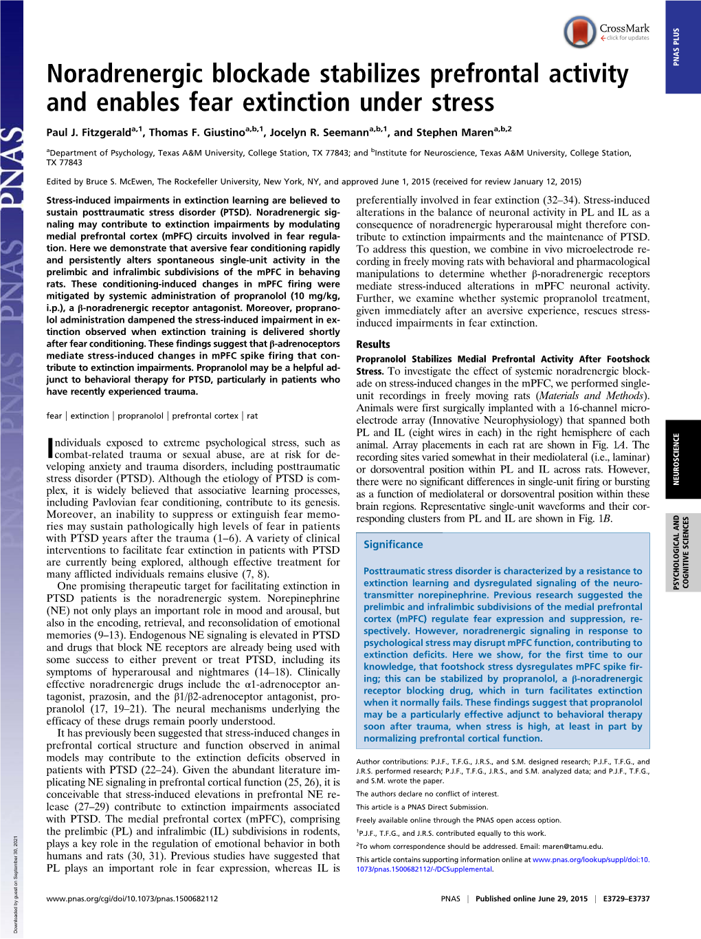 Noradrenergic Blockade Stabilizes Prefrontal Activity and Enables Fear