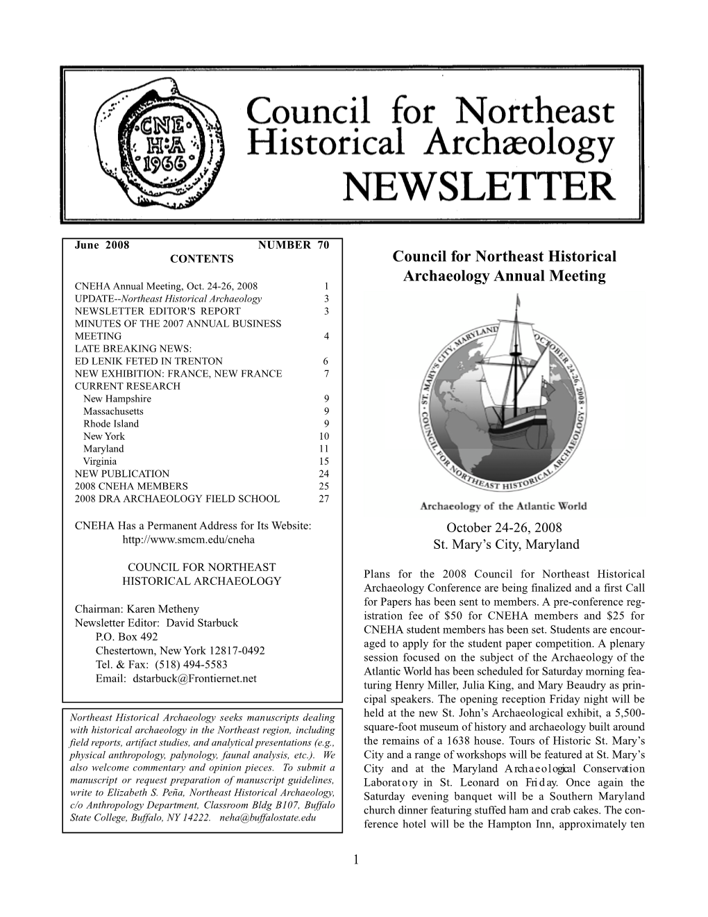 Council for Northeast Historical Archaeology Annual Meeting CNEHA Annual Meeting, Oct