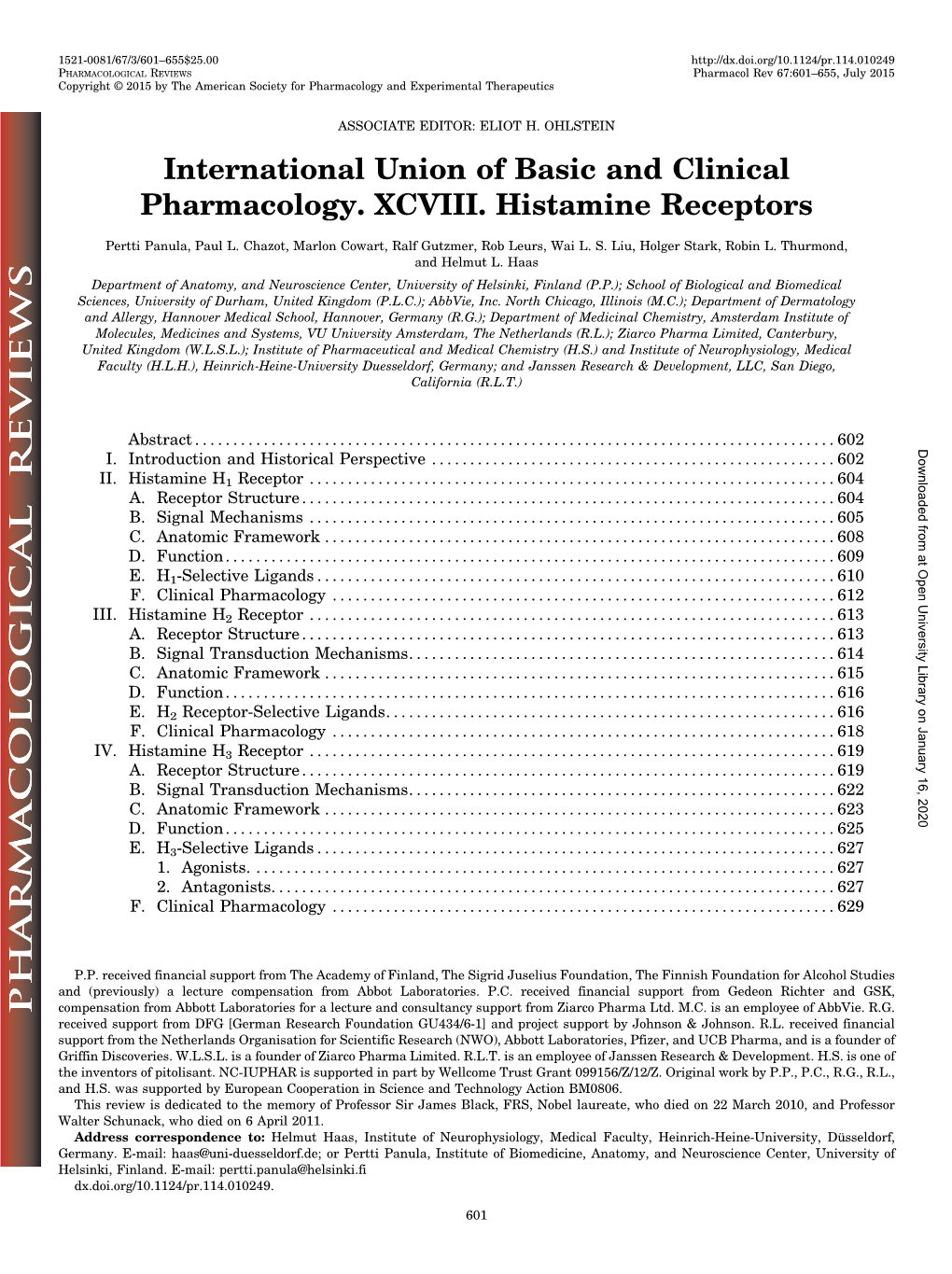 International Union of Basic and Clinical Pharmacology. XCVIII. Histamine Receptors