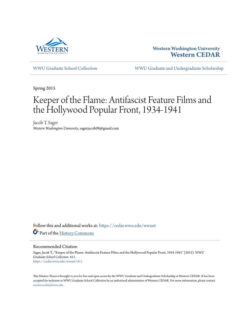 Keeper of the Flame: Antifascist Feature Films and the Hollywood Popular Front, 1934-1941 Jacob T