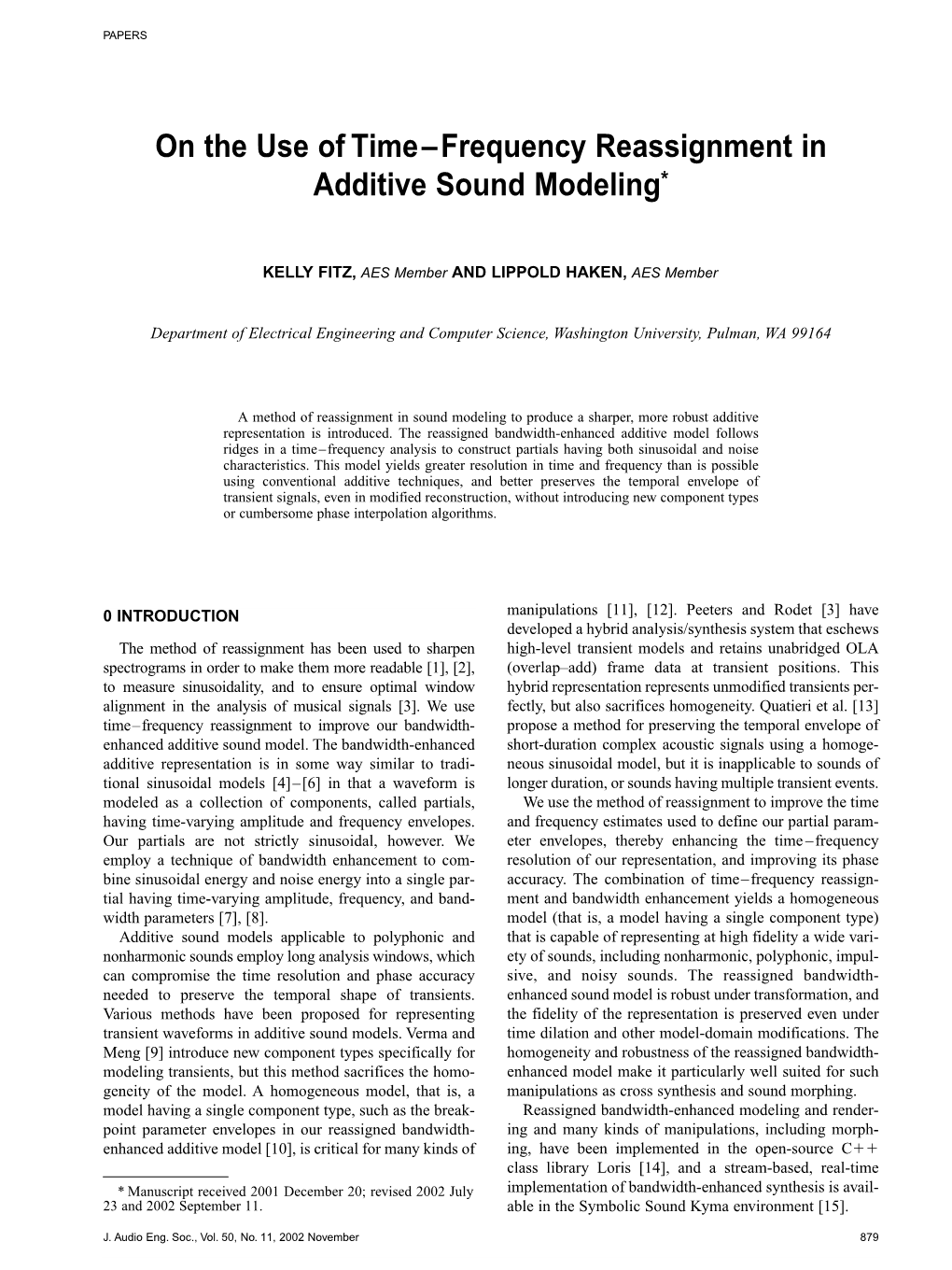 On the Use of Time–Frequency Reassignment in Additive Sound Modeling*