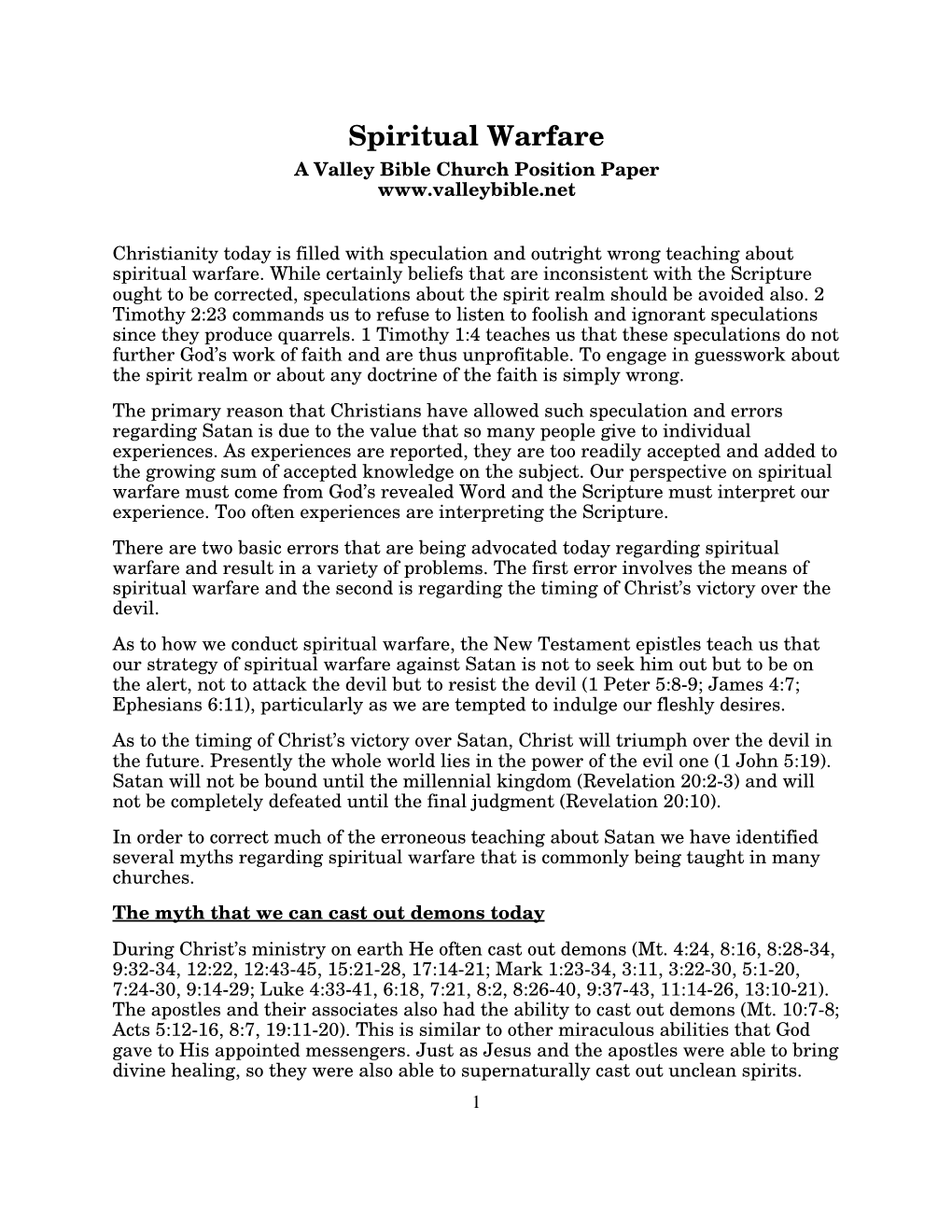 Spiritual Warfare a Valley Bible Church Position Paper