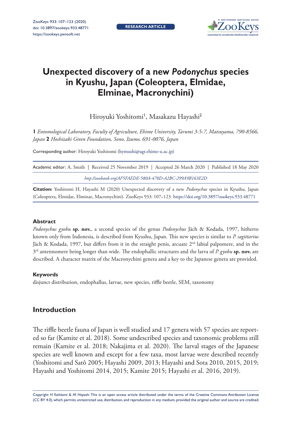 Unexpected Discovery of a New Podonychus Species in Kyushu, Japan (Coleoptera, Elmidae, Elminae, Macronychini)