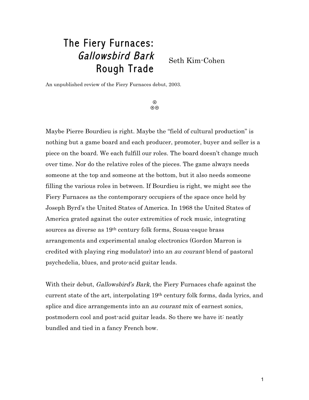The Fiery Furnaces: Gallowsbird Bark Seth Kim-Cohen Rough Trade