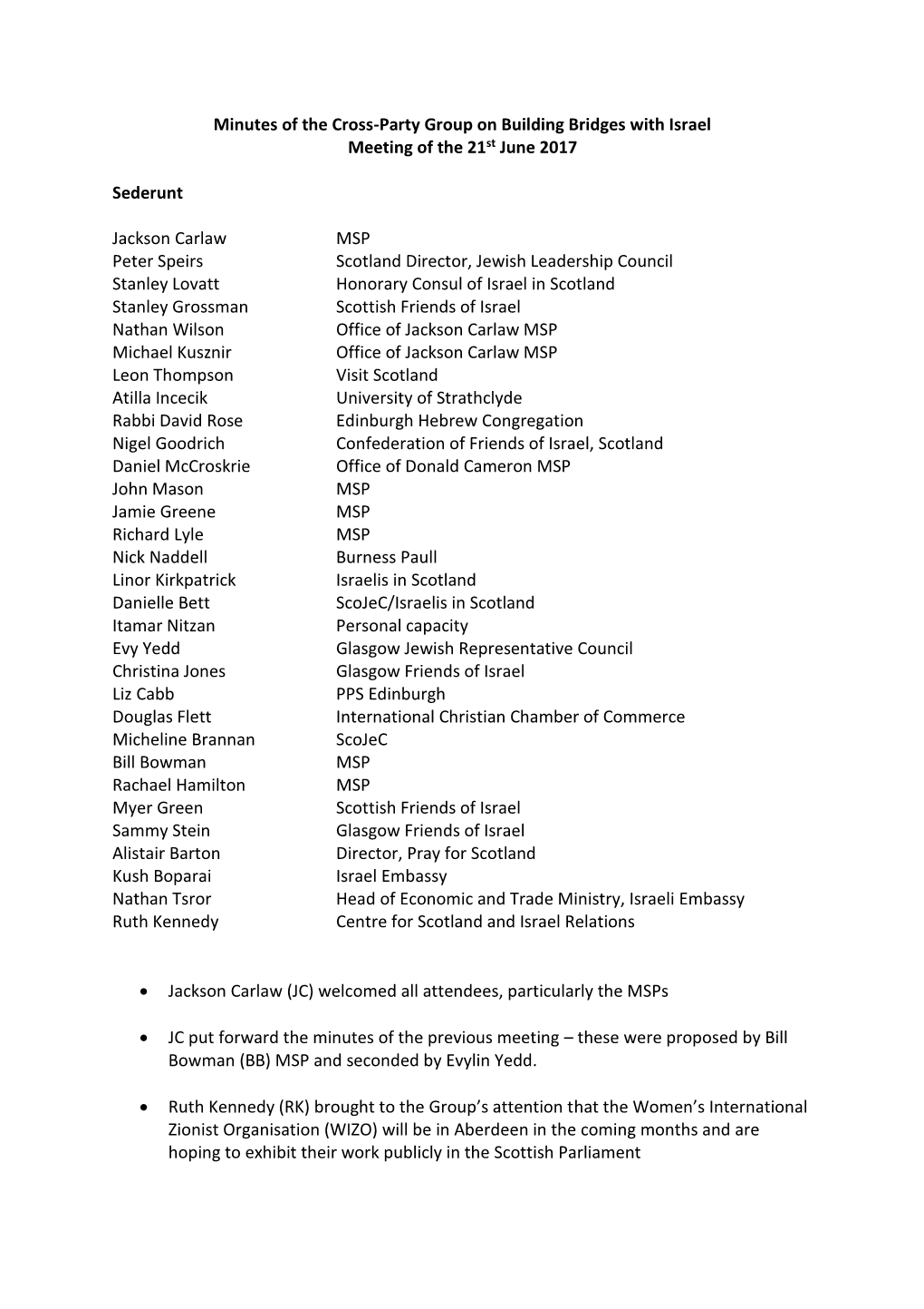 Minutes of the Cross-Party Group on Building Bridges with Israel Meeting of the 21St June 2017