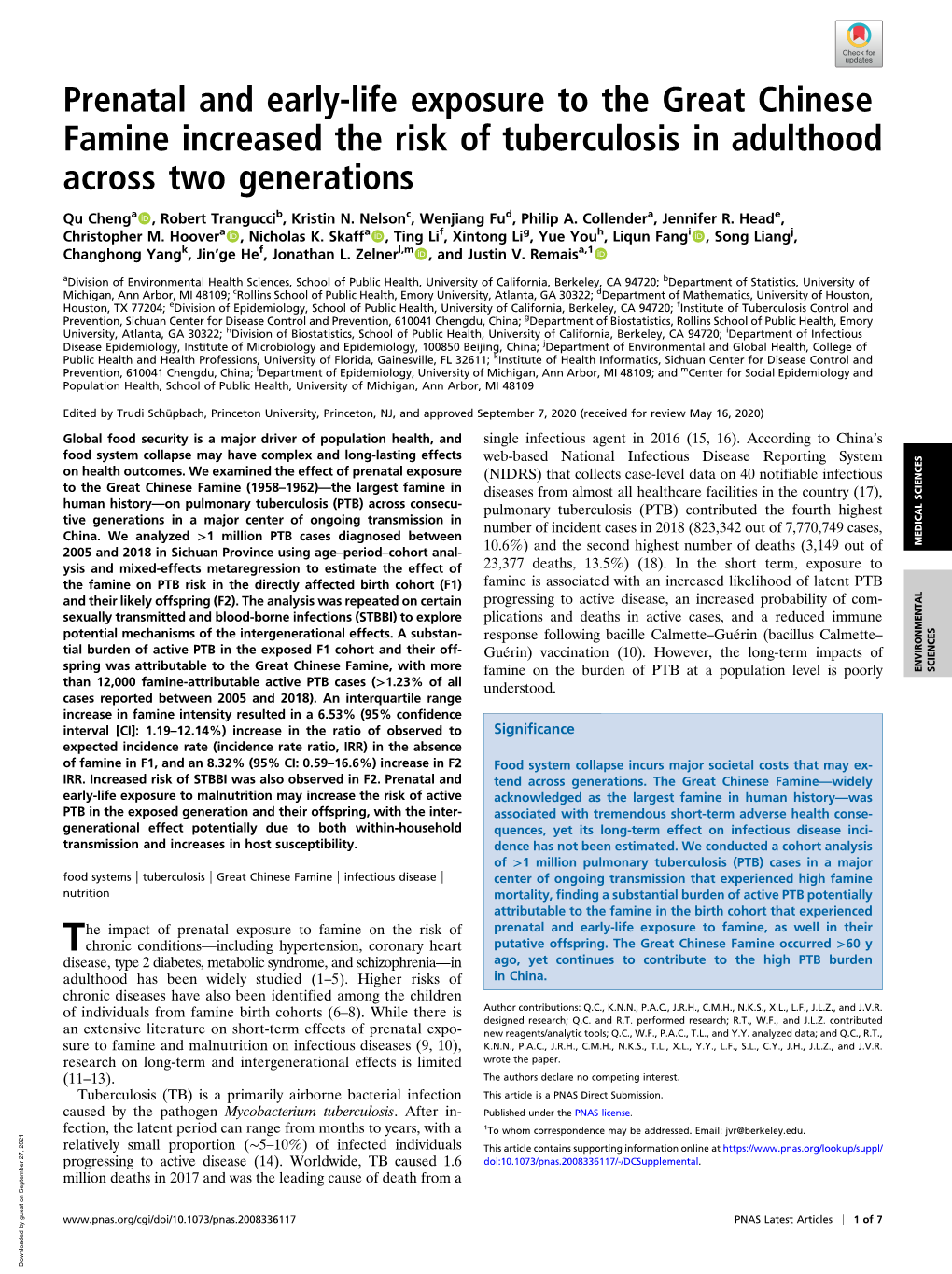 Prenatal and Early-Life Exposure to the Great Chinese Famine Increased the Risk of Tuberculosis in Adulthood Across Two Generations