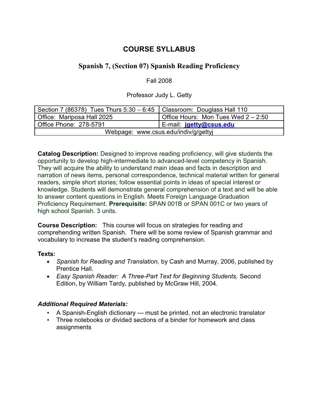 Spanish 7, (Section 07) Spanish Reading Proficiency