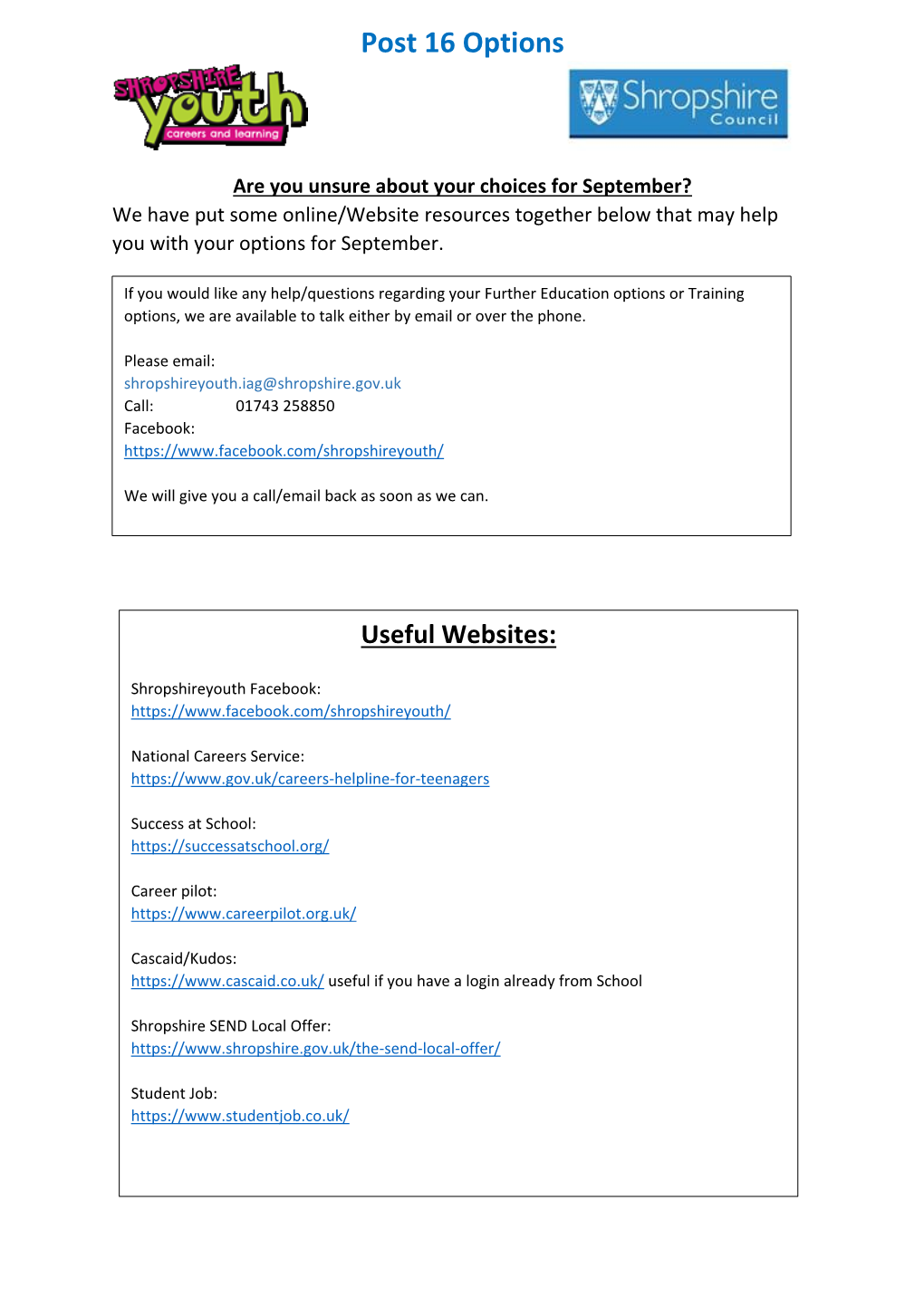 Post 16 Options Resource Sheet (Pdf)