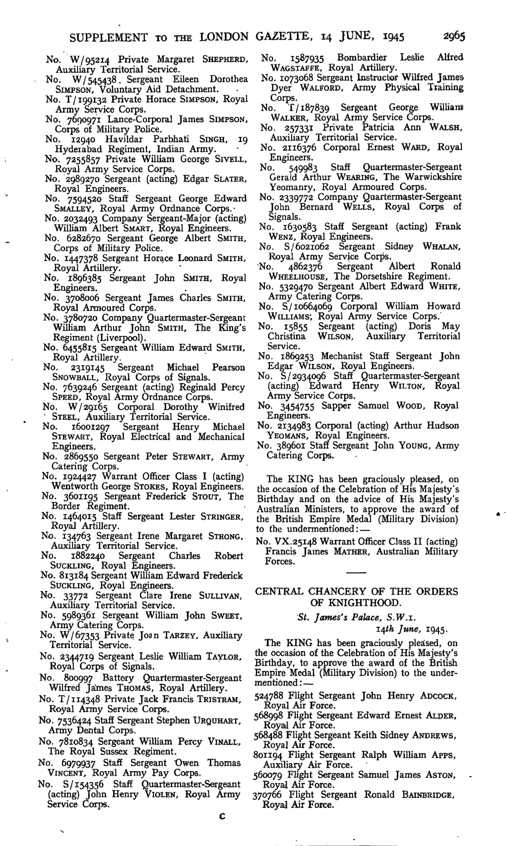 Supplement to the London Gazette, 14 June, 1945 2965