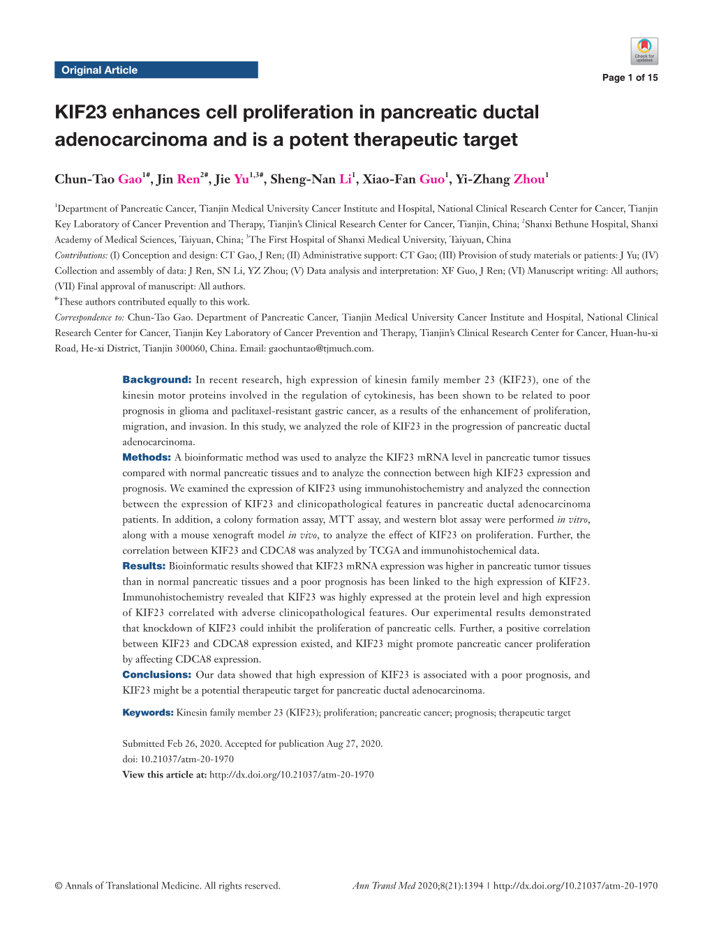 KIF23 Enhances Cell Proliferation in Pancreatic Ductal Adenocarcinoma and Is a Potent Therapeutic Target