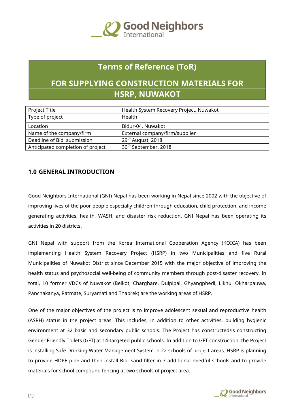 (Tor) for SUPPLYING CONSTRUCTION MATERIALS for HSRP, NUWAKOT