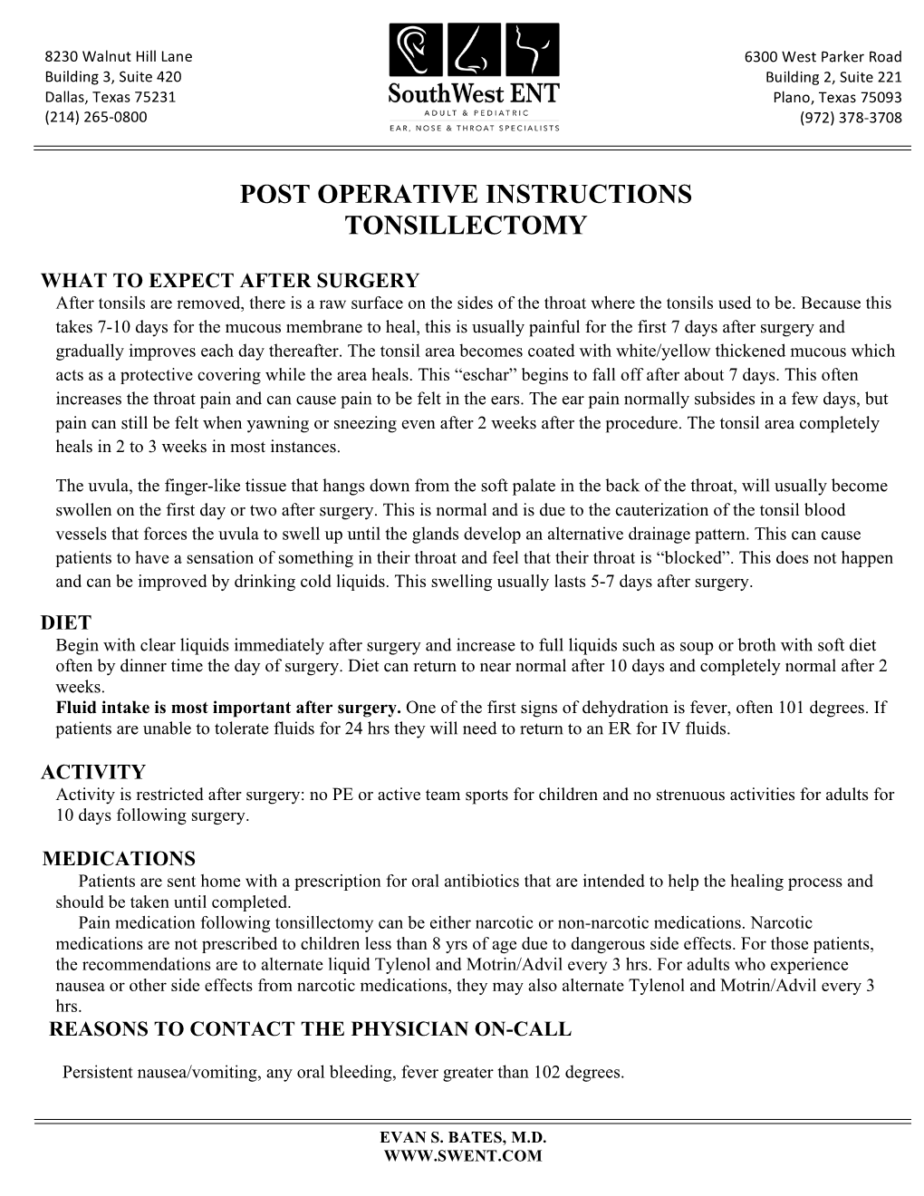 Post Operative Instructions Tonsillectomy