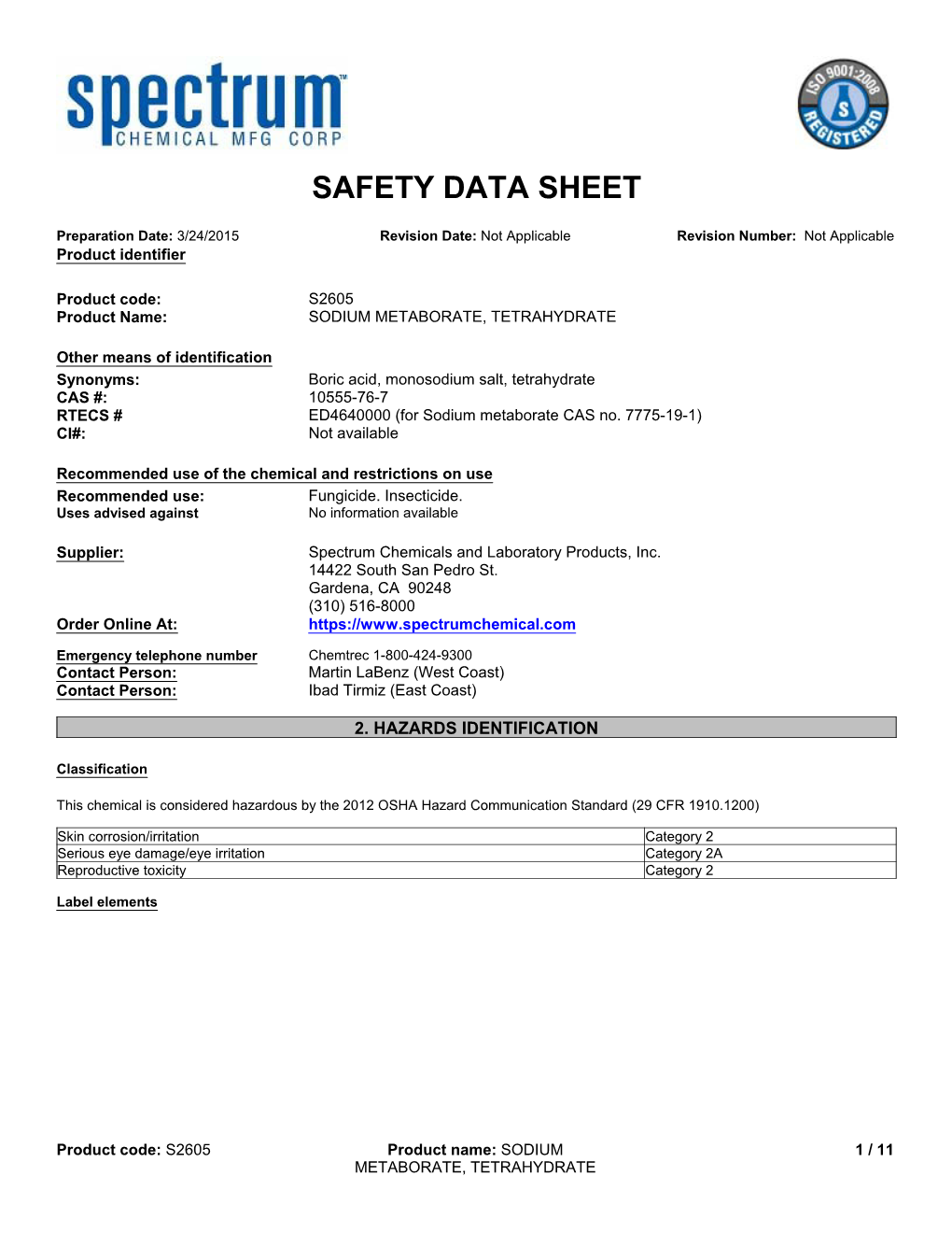 Sodium Metaborate, Tetrahydrate