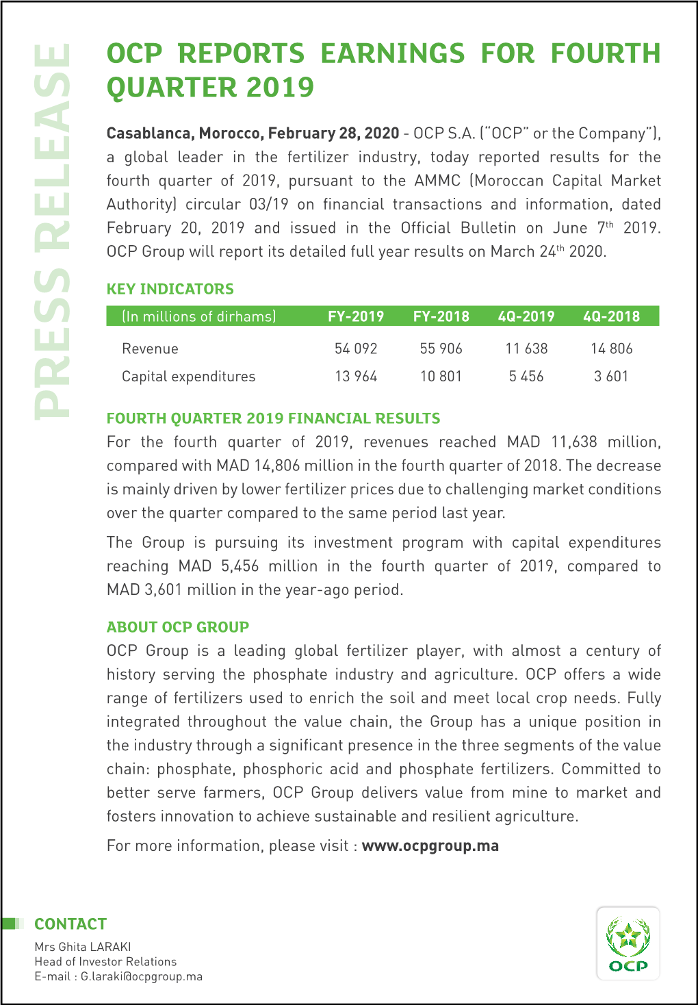 Ocp Reports Earnings for Fourth Quarter 2019