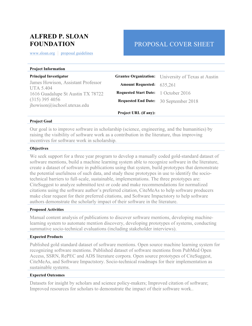 ALFRED P. SLOAN FOUNDATION PROPOSAL COVER SHEET | Proposal Guidelines