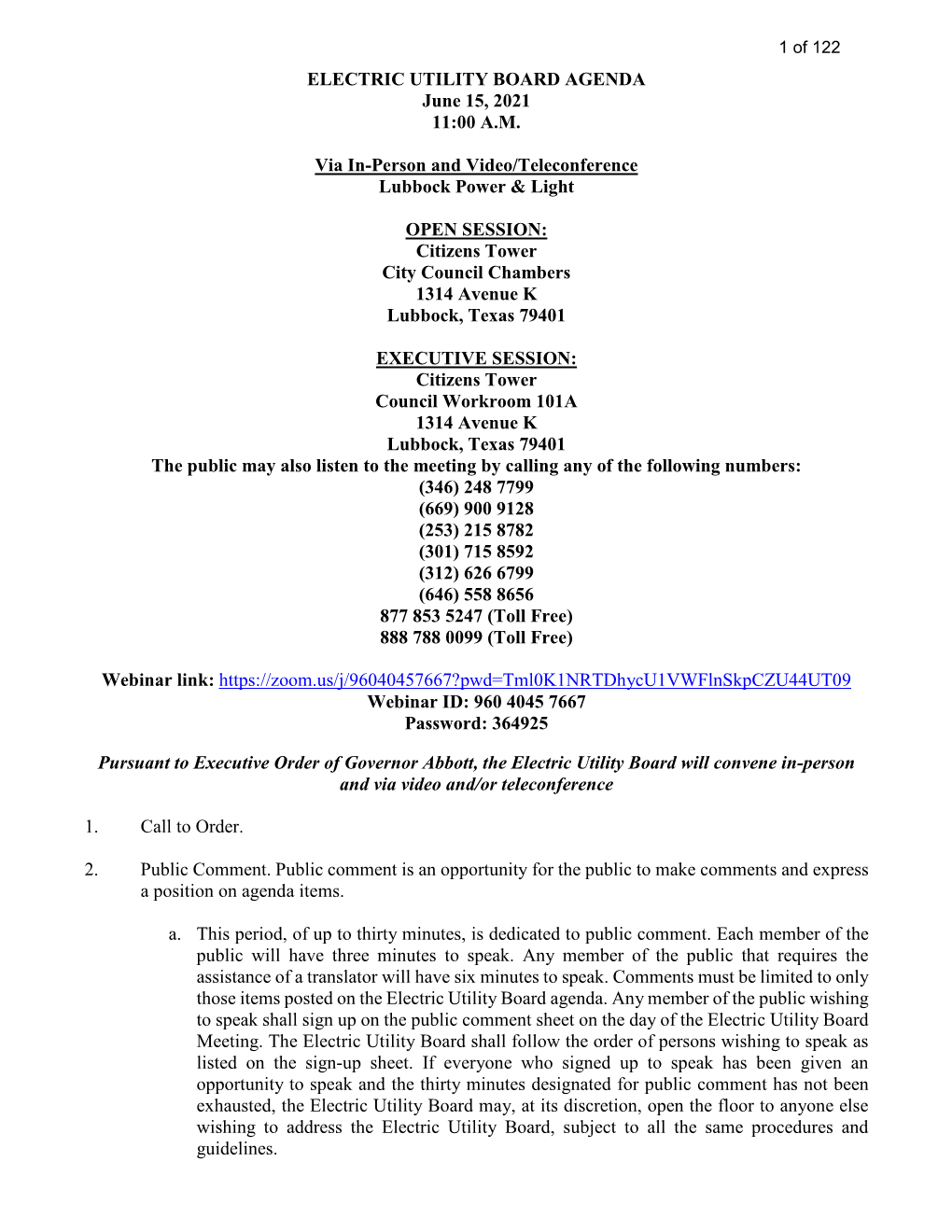 ELECTRIC UTILITY BOARD AGENDA June 15, 2021 11:00 A.M