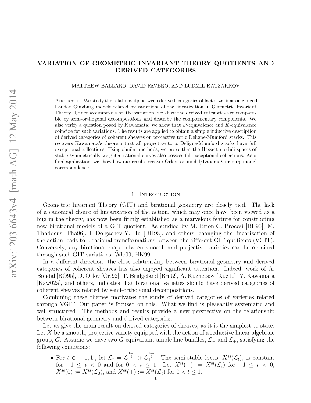 Arxiv:1203.6643V4 [Math.AG] 12 May 2014 Olwn Conditions: Following Group, Hog GT U Ae Sfcsdo Hs Htw N Spleasant Perspect Is Let New ﬁnd a We Categories