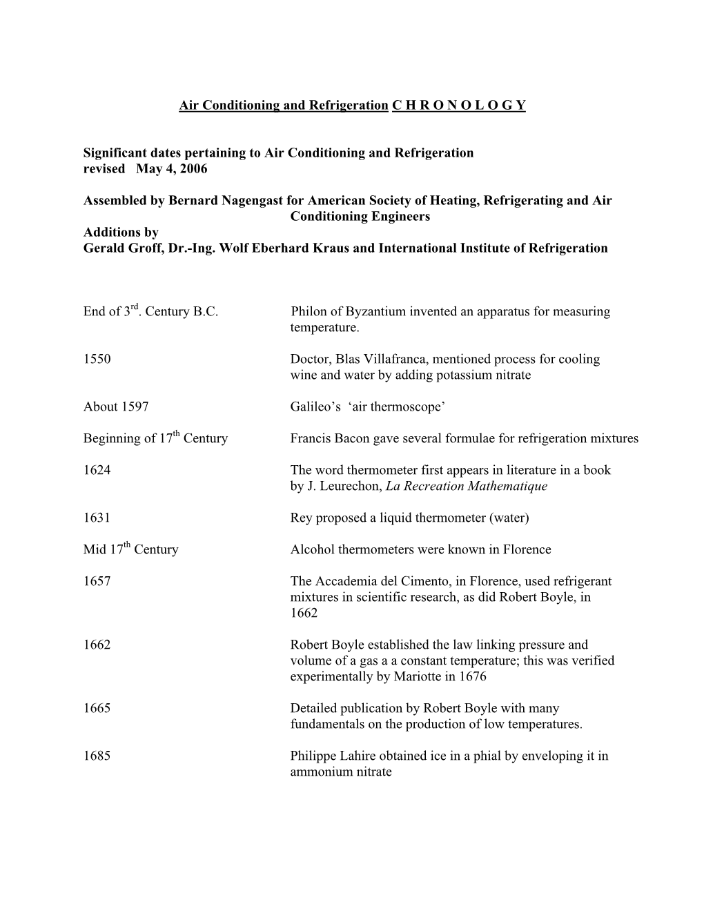 Air Conditioning and Refrigeration Chronology