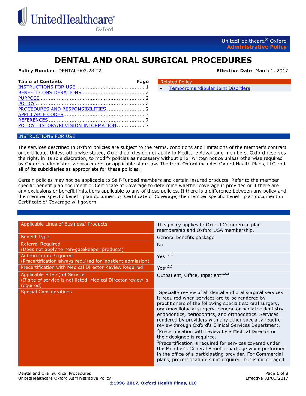 DENTAL and ORAL SURGICAL PROCEDURES Policy Number: DENTAL 002.28 T2 Effective Date: March 1, 2017