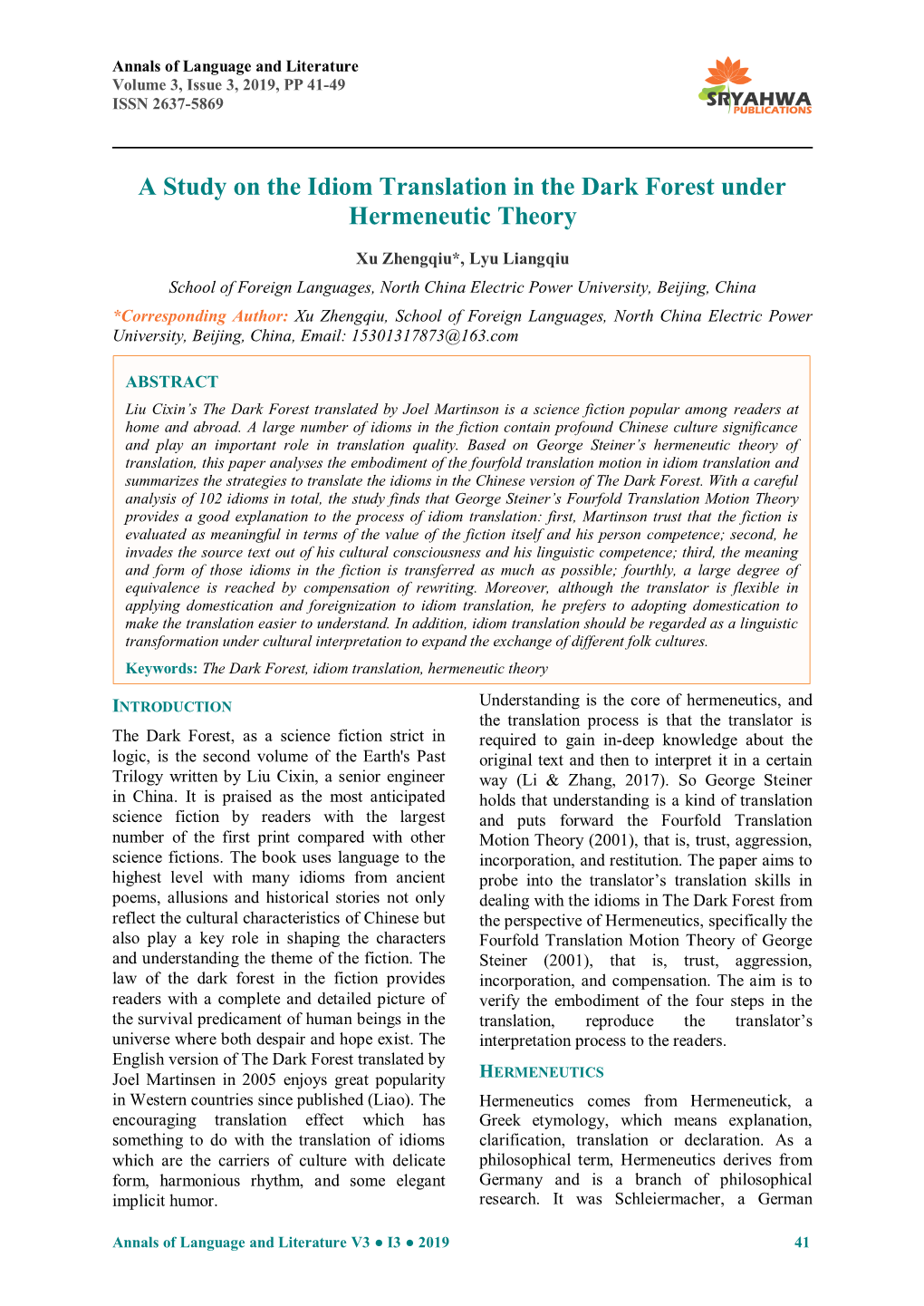 A Study on the Idiom Translation in the Dark Forest Under Hermeneutic Theory