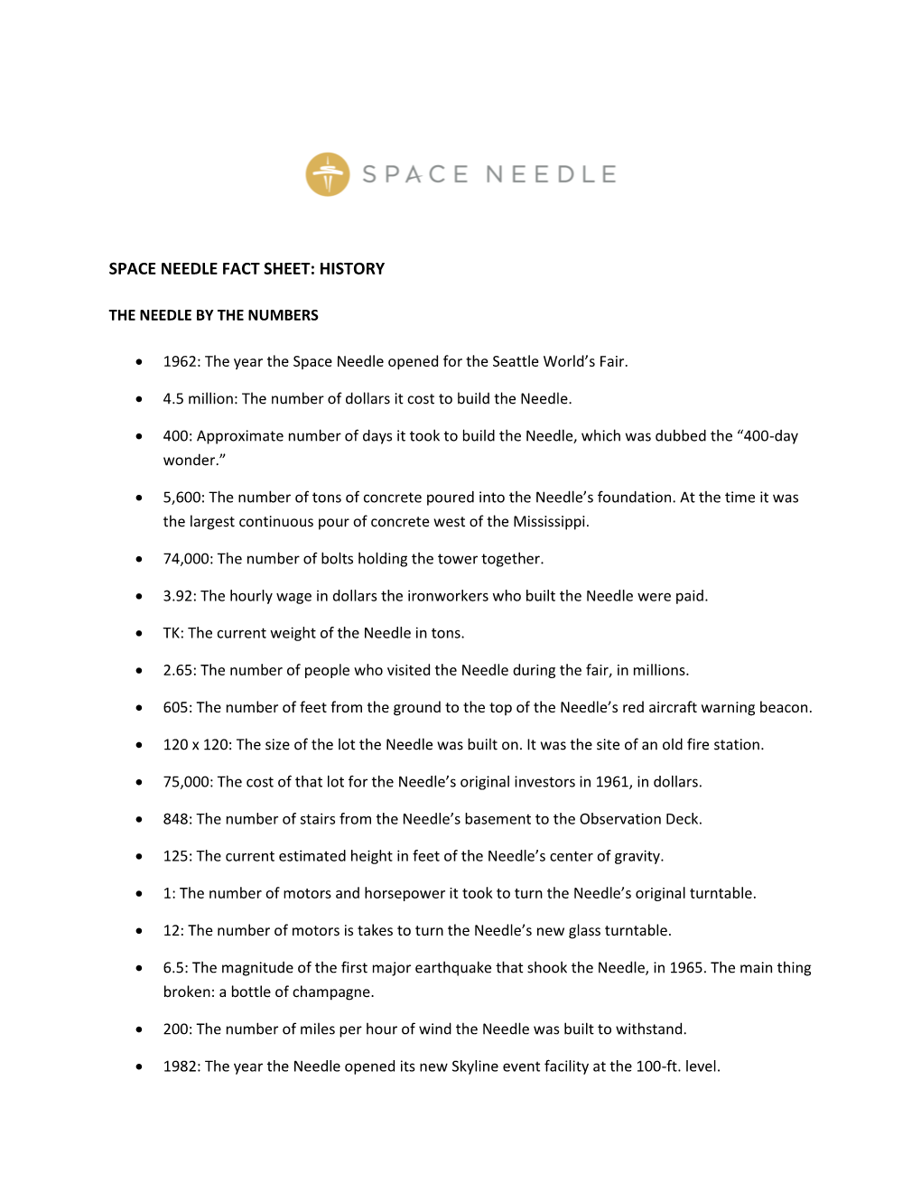 Space Needle Fact Sheet: History