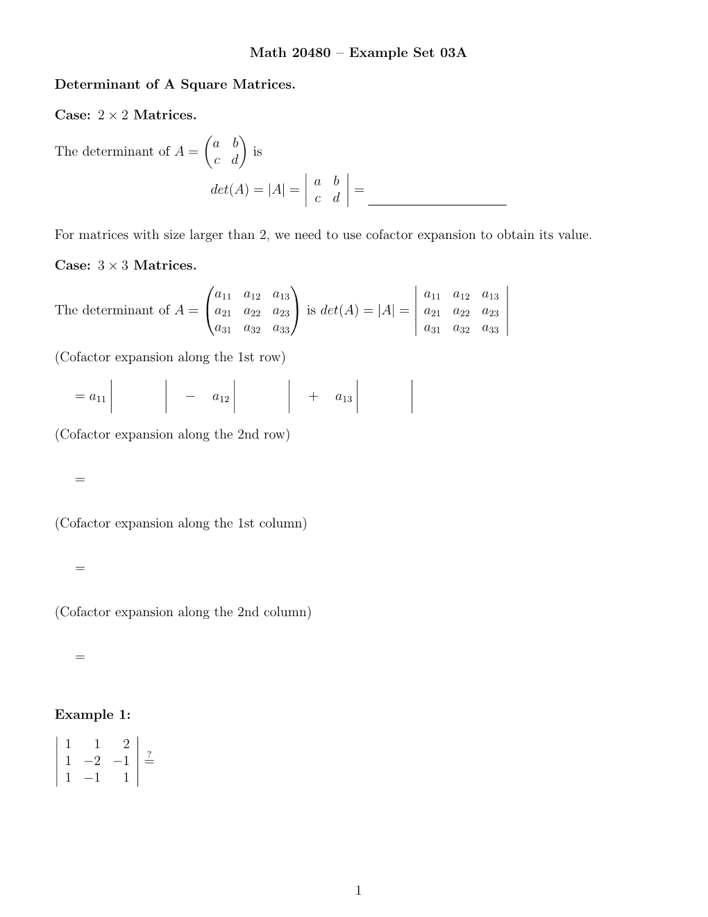 Math 20480 – Example Set 03A Determinant of a Square Matrices