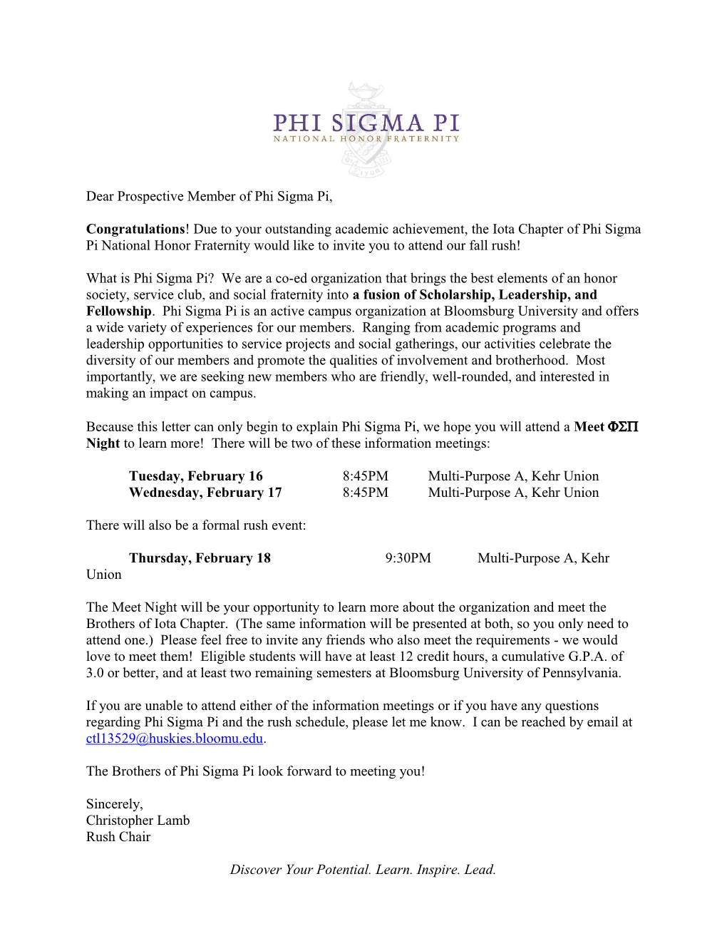 Dear Prospective Member of Phi Sigma Pi