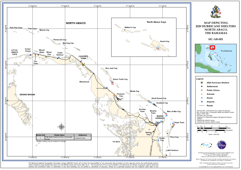 Map Depicting 2020 Hurricane Shelters North Abaco, The