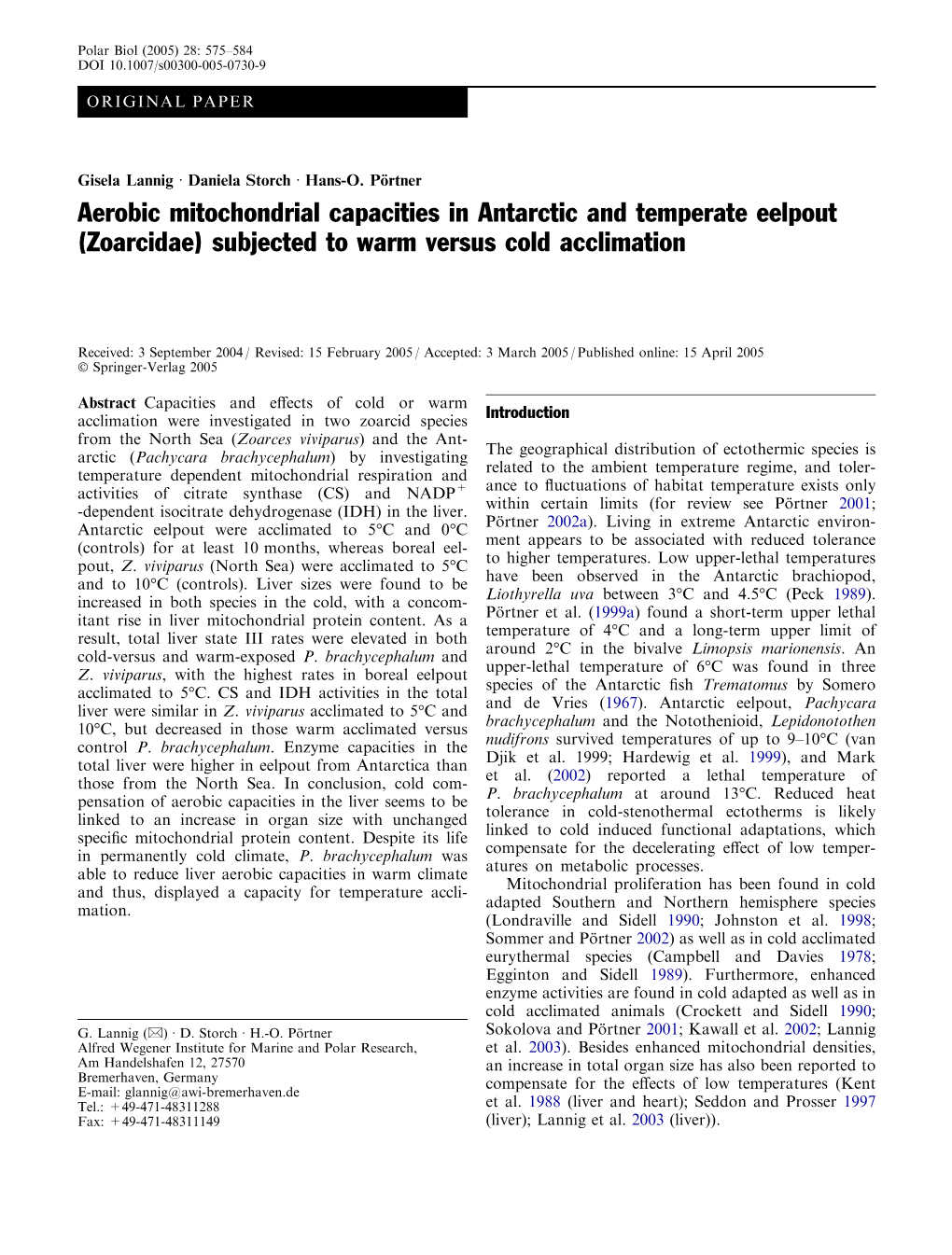 Aerobic Mitochondrial Capacities in Antarctic and Temperate Eelpout (Zoarcidae) Subjected to Warm Versus Cold Acclimation