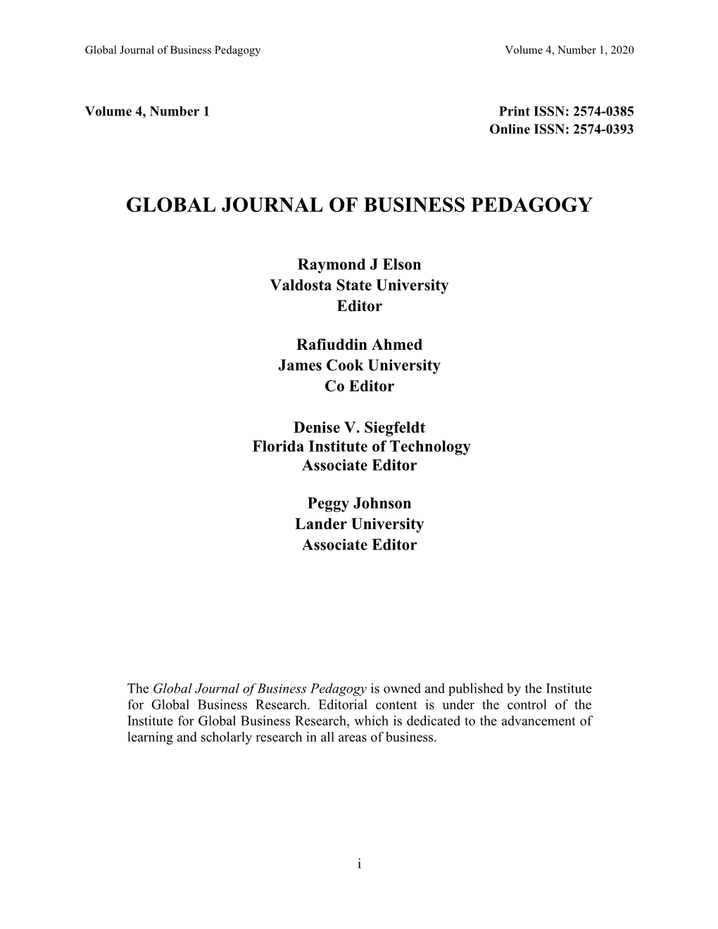 Global Journal of Business Pedagogy Volume 4, Number 1, 2020